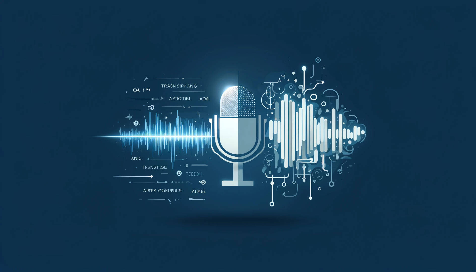 AI video transcription technology showing neural network processing audio waveforms into accurate text