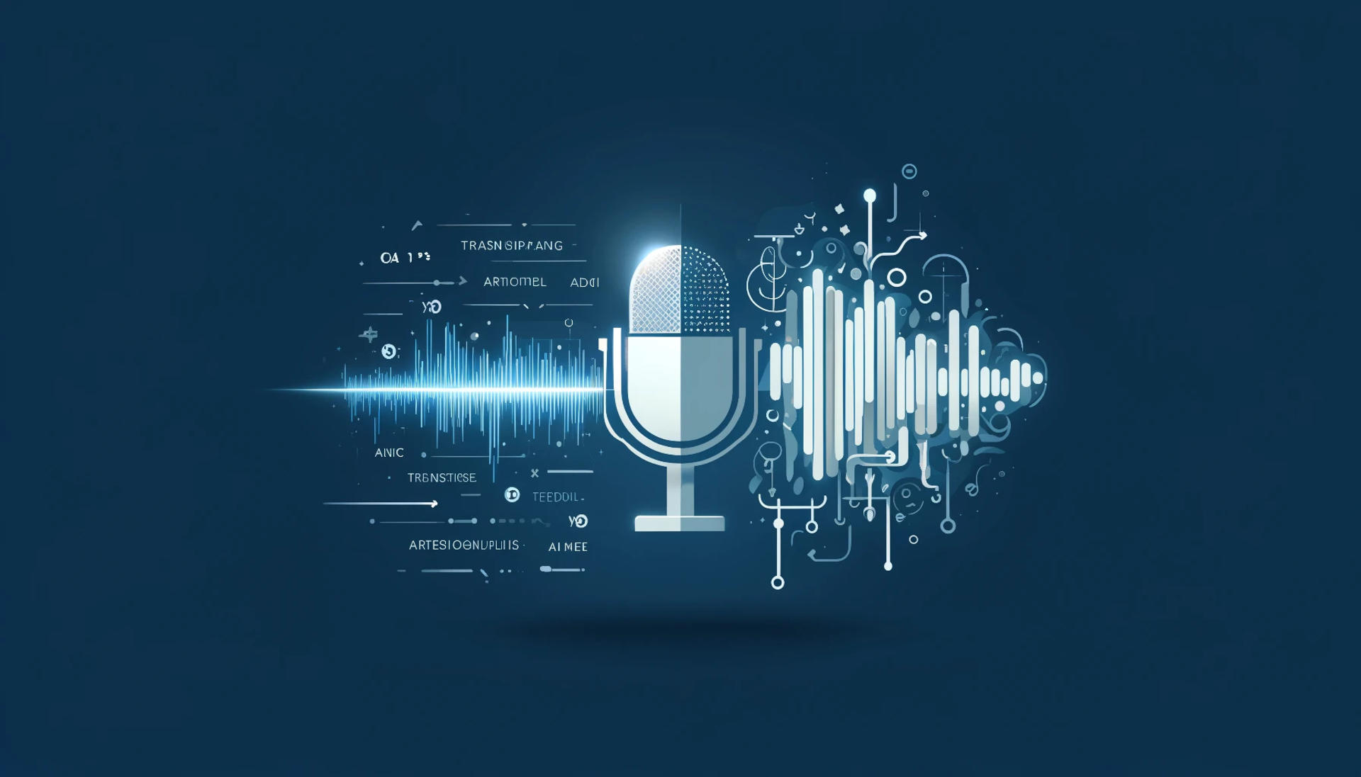 AI video transcription technology showing neural network processing audio waveforms into accurate text