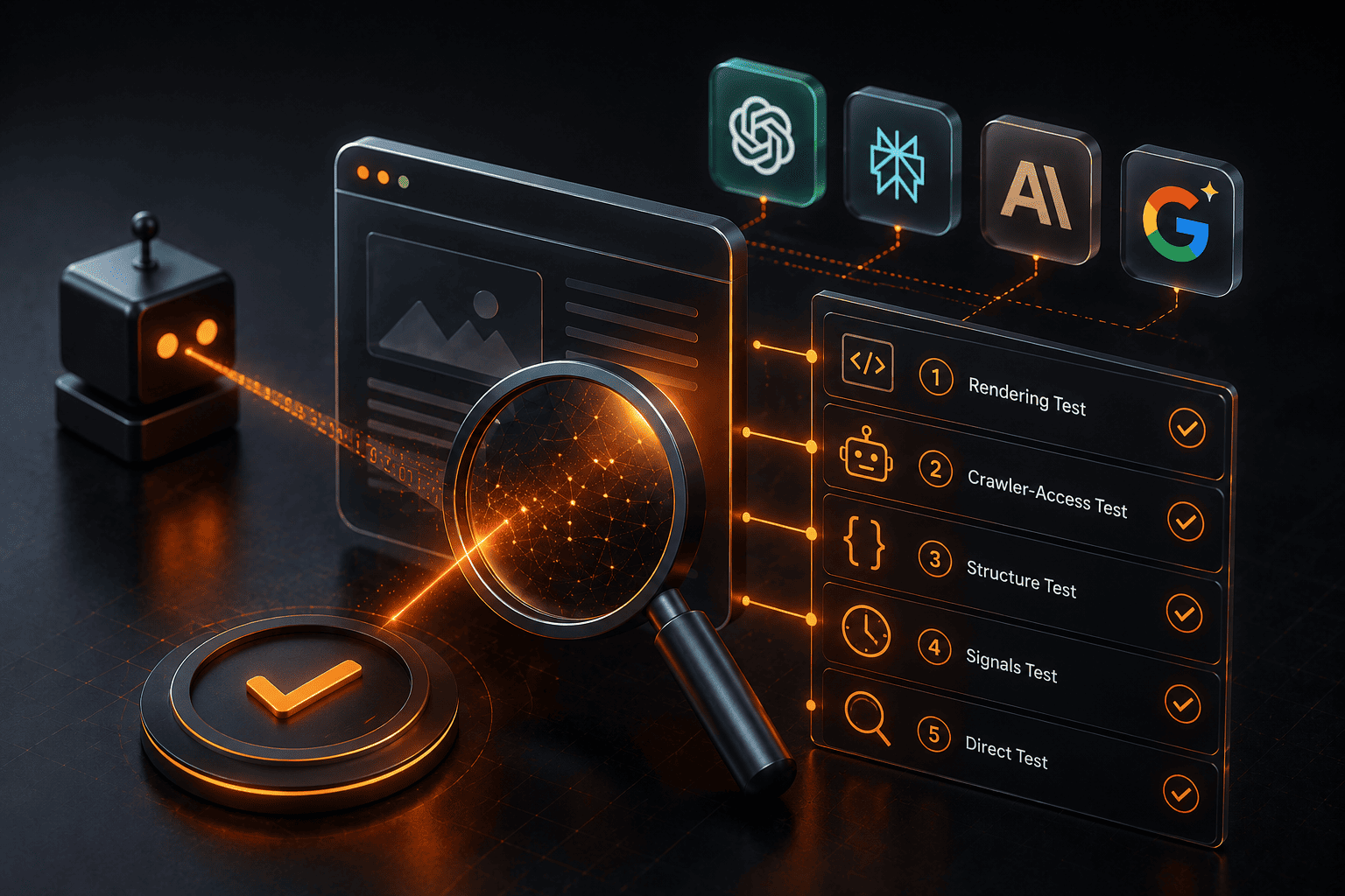 Robot and magnifying glass scanning a webpage, linked to AI search icons — illustrating a 5-step AI reachability checklist.