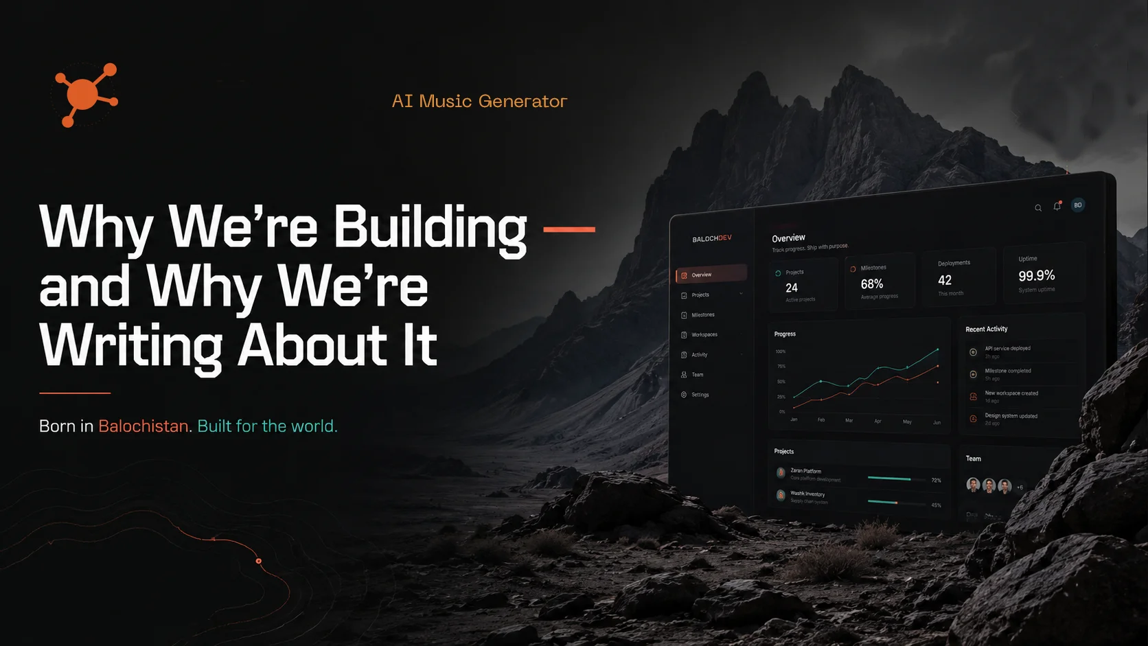 BalochDev software studio first blog post cover — Why We're Building and Why We're Writing About It — featuring Balochistan mountain landscape, product dashboard, and tagline: Born in Balochistan, Built for the world