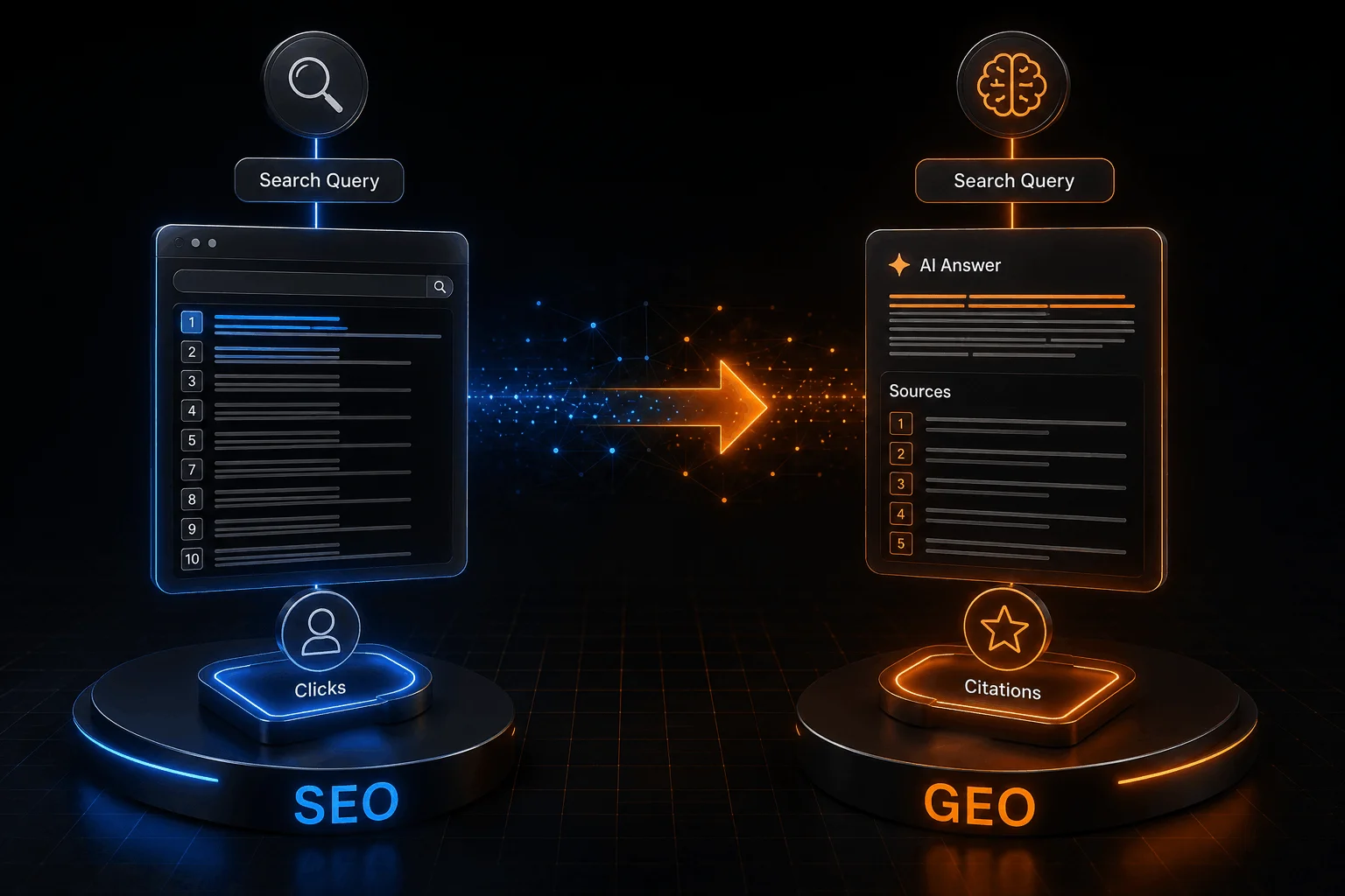 Illustration comparing SEO and GEO — a search query returning ten blue links and clicks versus an AI-generated answer with citations