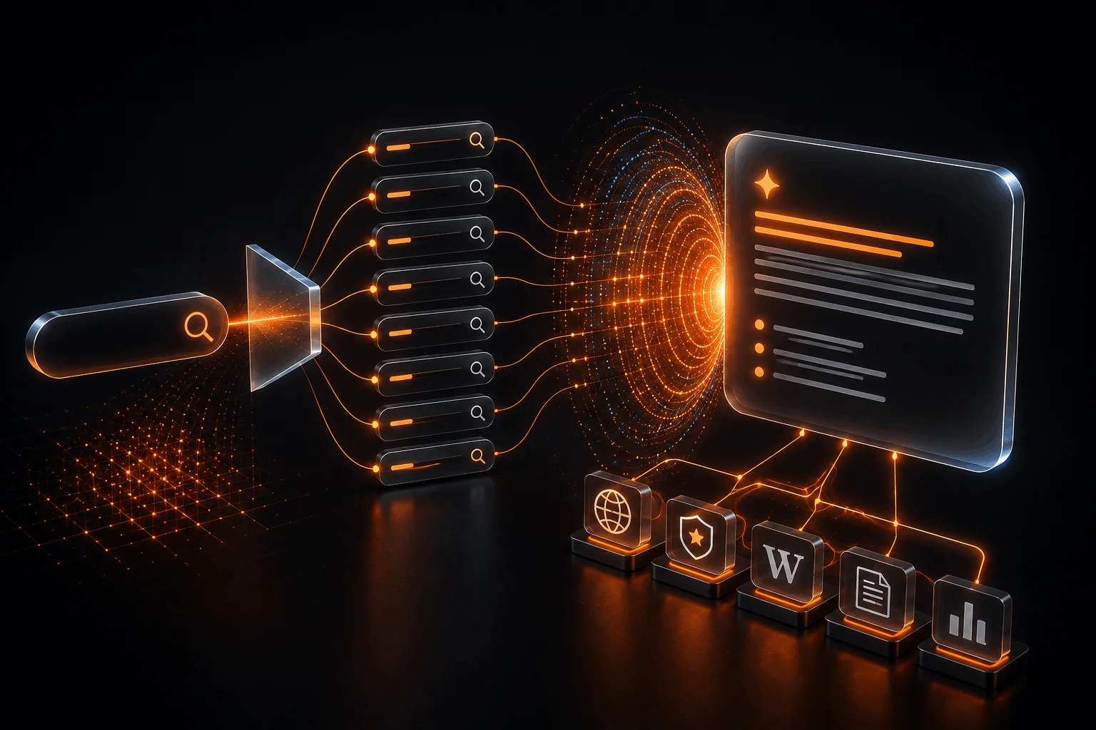 Prism splitting a single search query into multiple sub-queries that converge into one AI Overview answer with cited sources