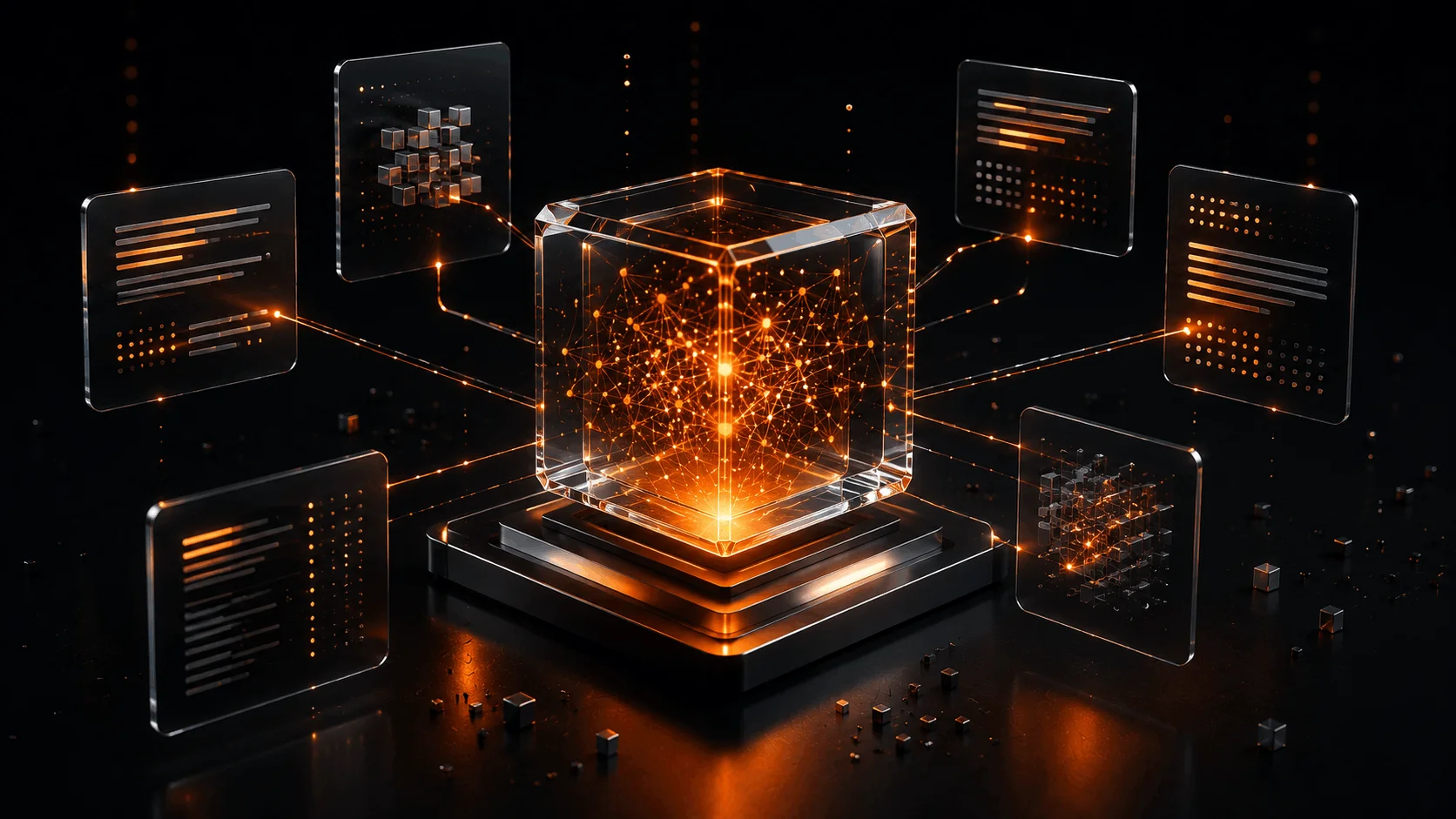Glowing cube representing ChatGPT's retrieval system connected to multiple structured data sources being pulled in for citation