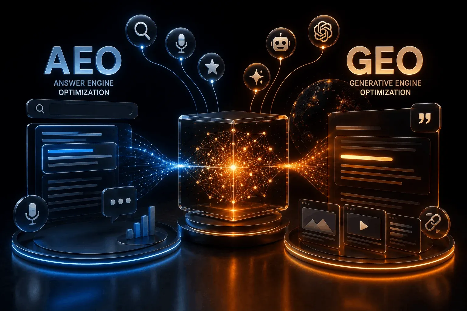 Split illustration comparing AEO (Answer Engine Optimization) and GEO (Generative Engine Optimization), each connected to different search icons and AI platforms