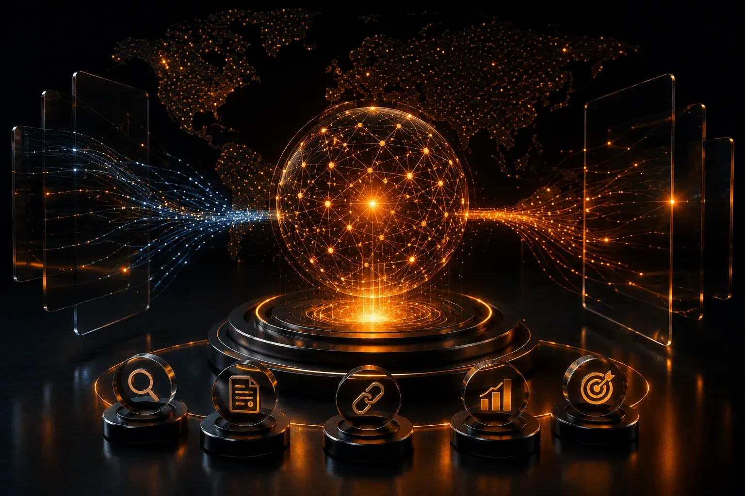 Glowing globe network splitting into multiple data streams representing brand visibility measured across different AI search engines