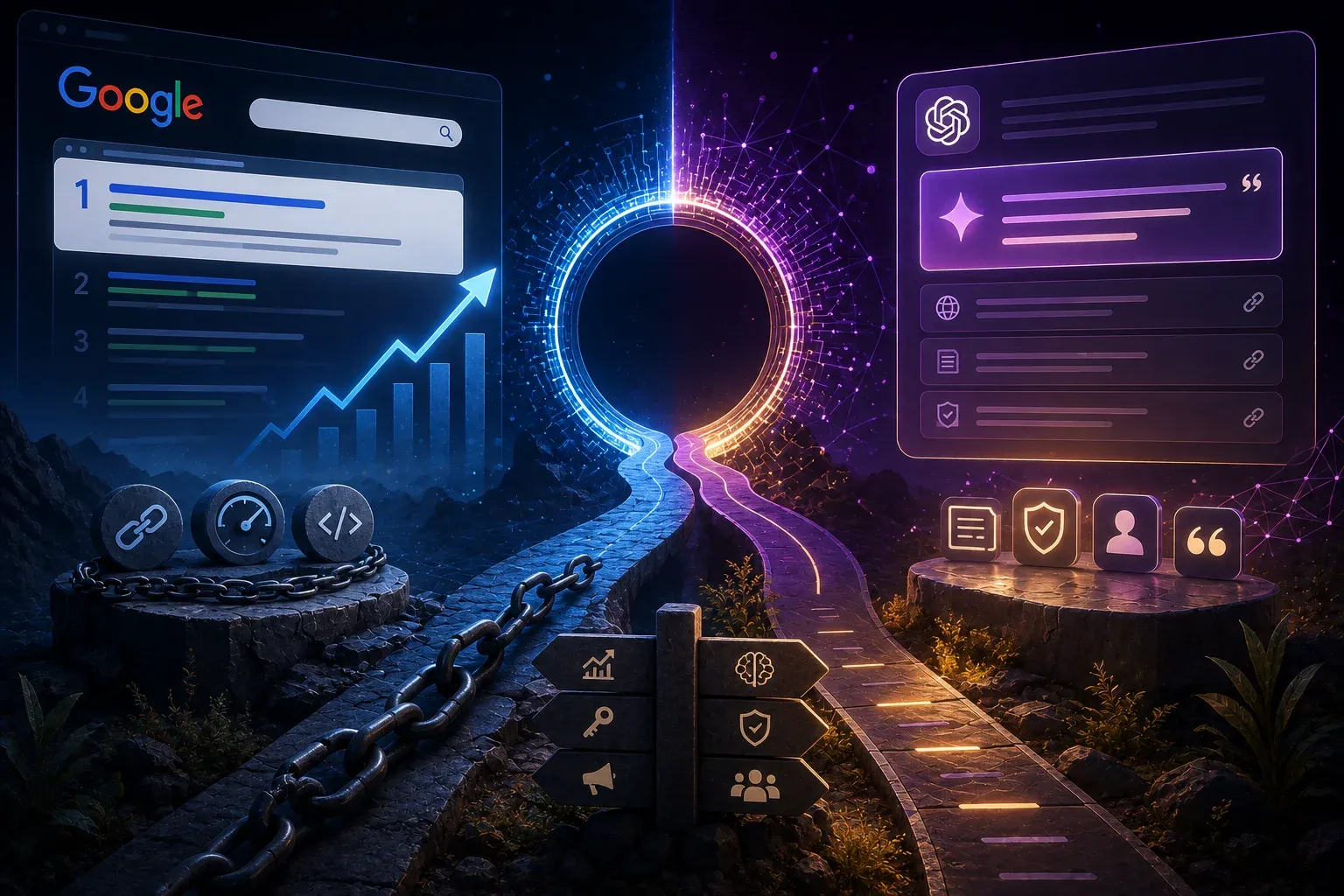 Split path illustration showing a fading blue Google search results road on one side and a glowing purple AI chat answer path on the other, representing the shift from SEO to AI search