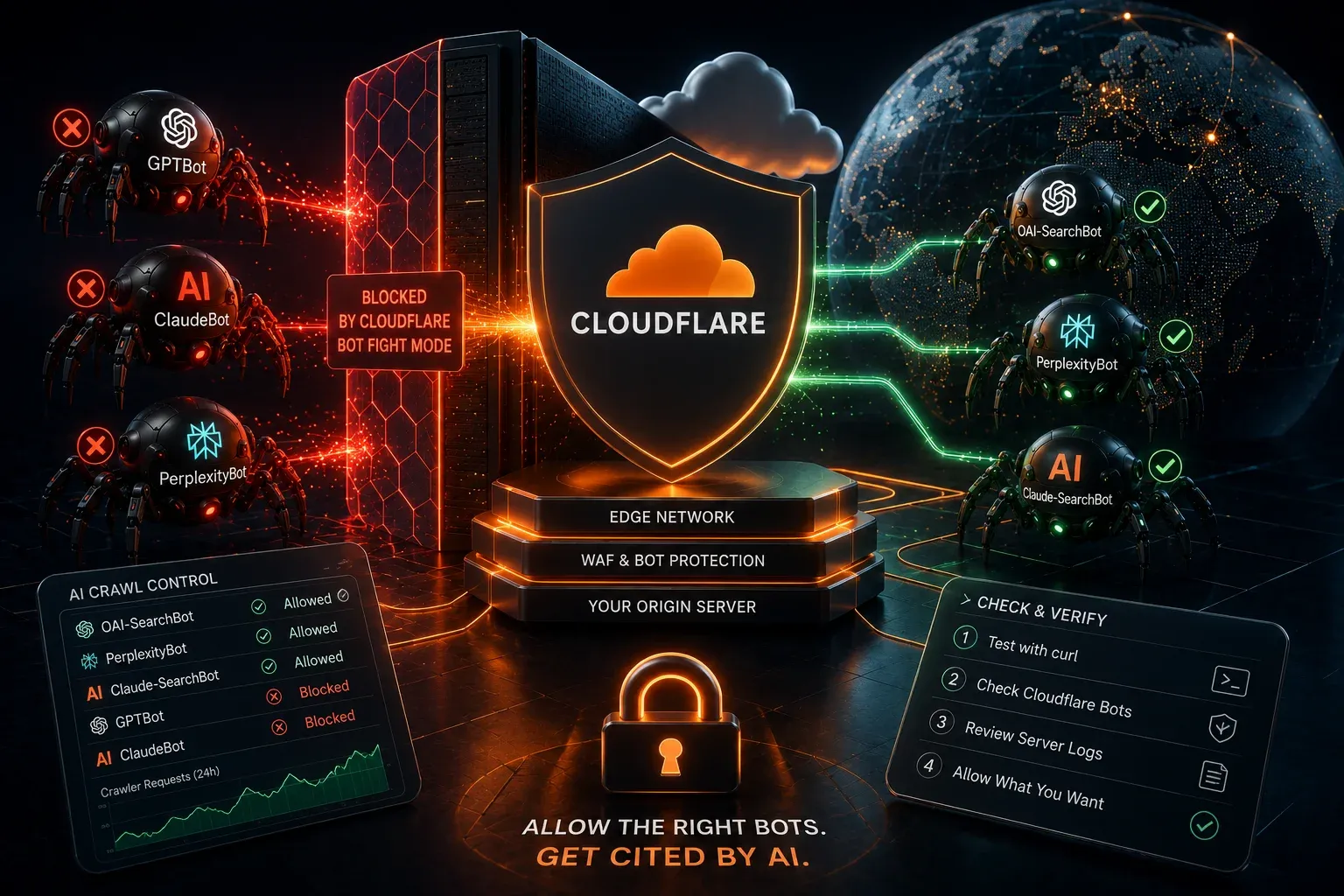 Cloudflare edge network diagram showing GPTBot, ClaudeBot, and PerplexityBot blocked in red on one side, while OAI-SearchBot and PerplexityBot pass through allowed in green on the other