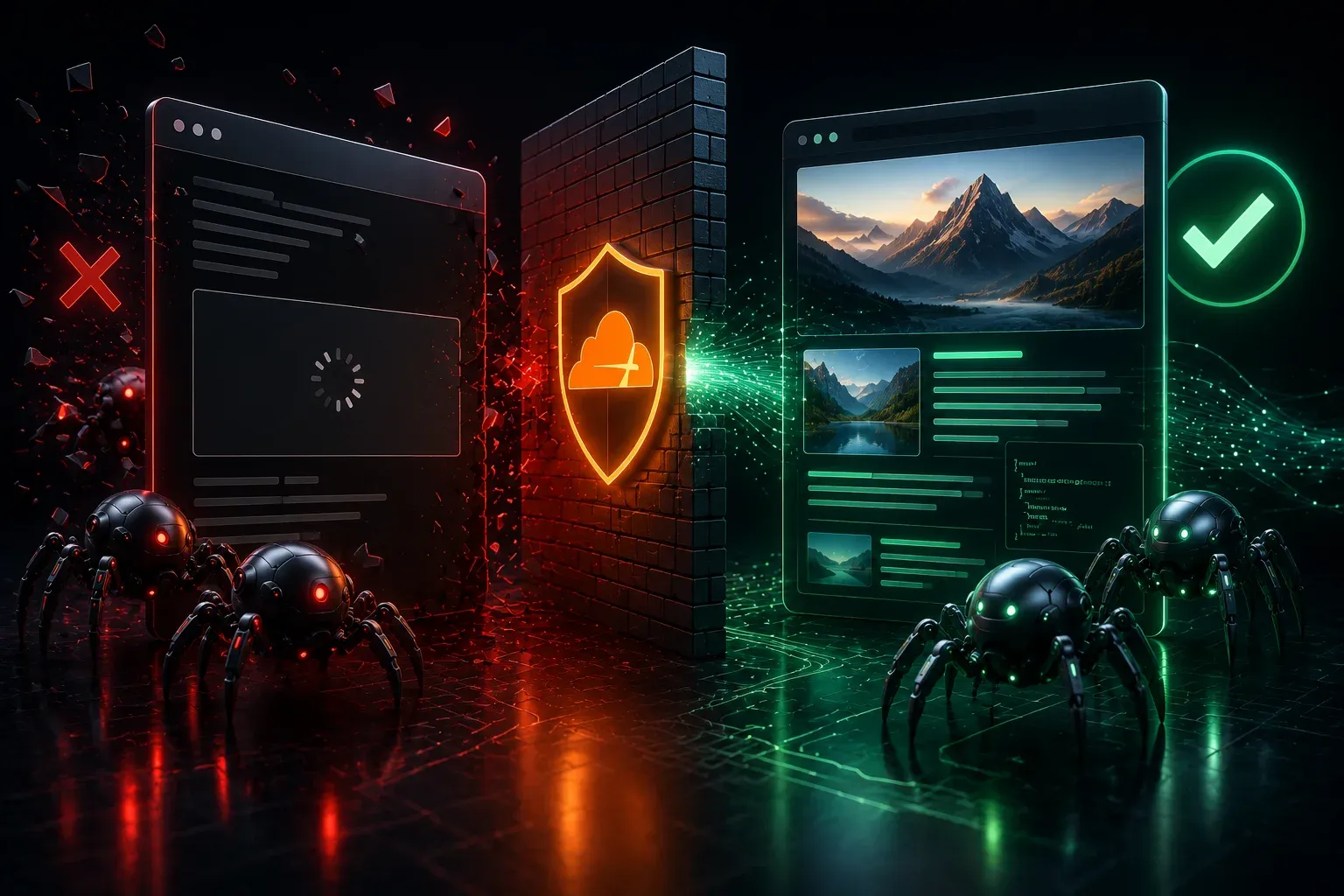 Split illustration showing red spider-like AI crawlers blocked by a wall on one side, and green AI crawlers passing freely through an open server-rendered page on the other