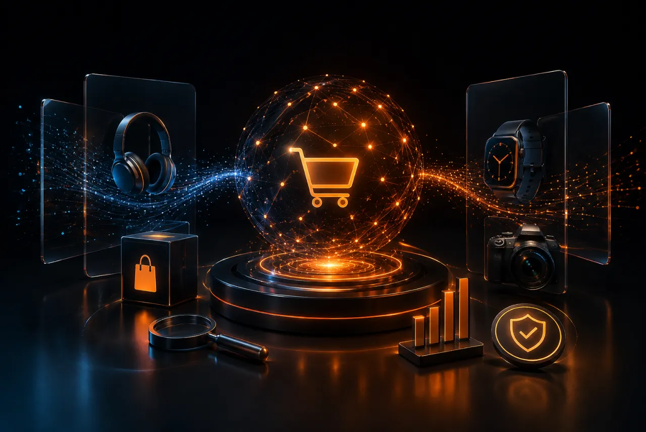 Glowing shopping cart at the center of a connected data network, surrounded by product cards for headphones, a smartwatch, and a camera, representing AI-powered e-commerce product discovery