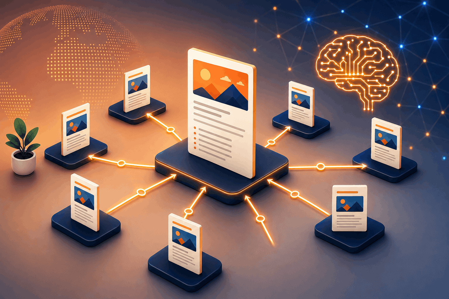 Isometric diagram of a central pillar document connected to eight smaller article cards, with an AI brain icon in the background