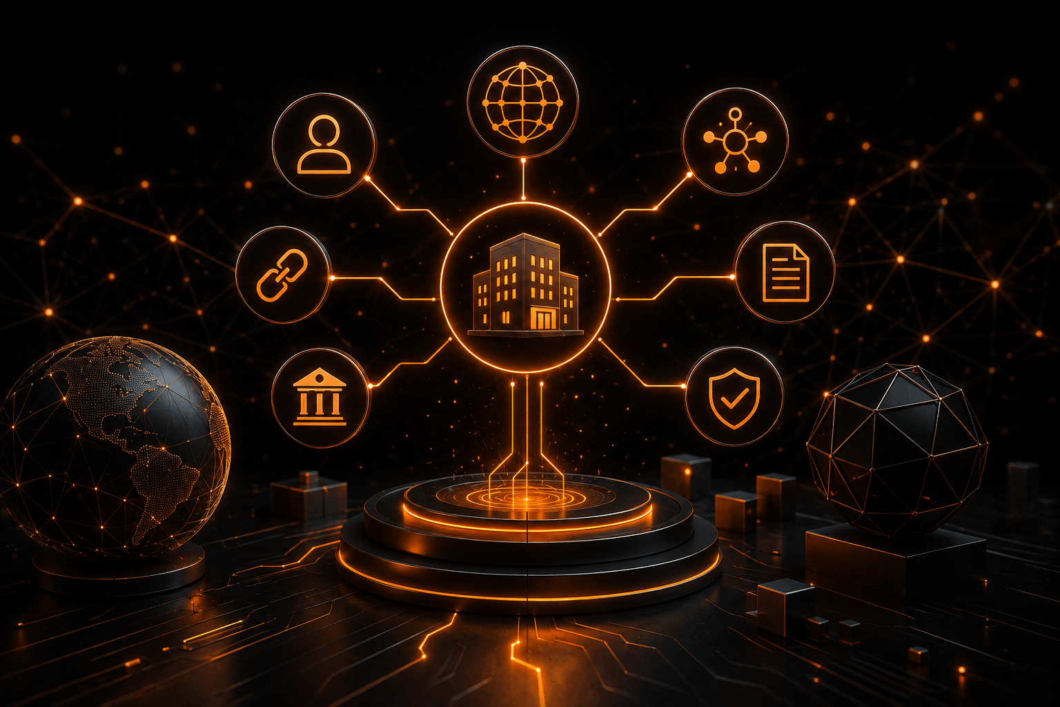 Central building icon on a pedestal, radiating orange connections to eight entity icons: person, globe, hub, document, shield, bank, link, and network