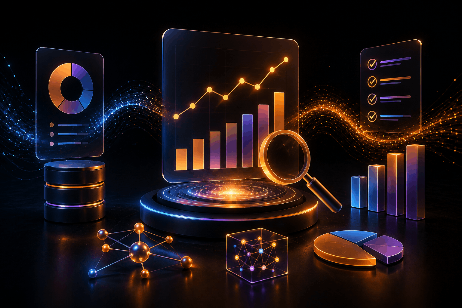 Glowing data dashboard with a rising bar chart, magnifying glass, donut chart, checklist, network nodes, and pie chart on a dark backdrop