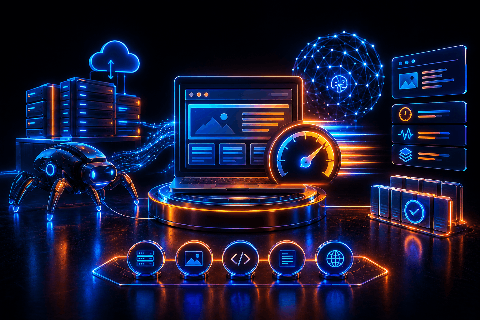 Laptop with a browser mockup next to a glowing speedometer, crawler-spider robot, server racks, AI network sphere, and five-icon fix checklist