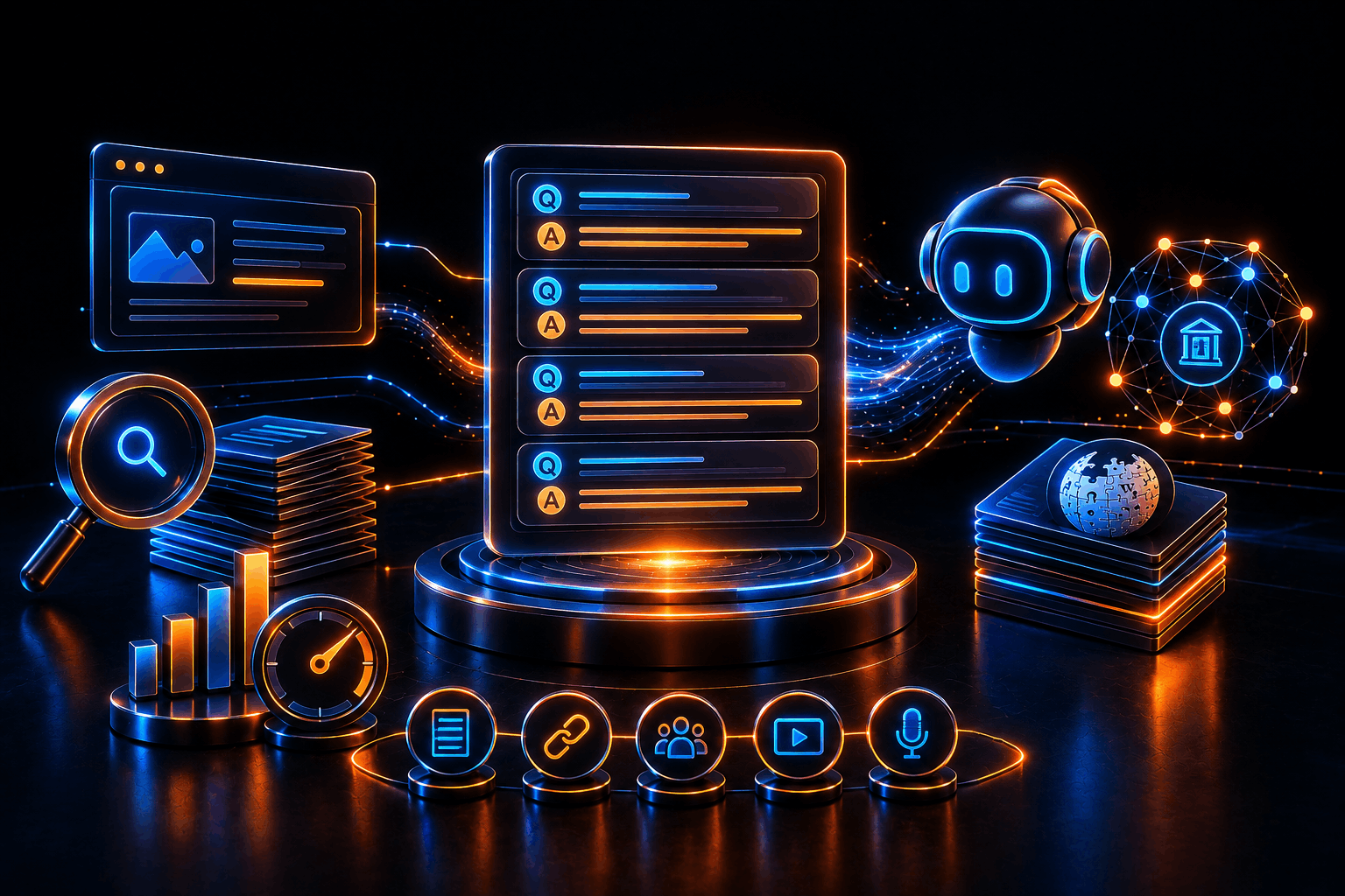 Central panel of four stacked Q&A pairs on a podium, flanked by a chatbot robot, magnifying glass, Wikipedia globe, and network icon