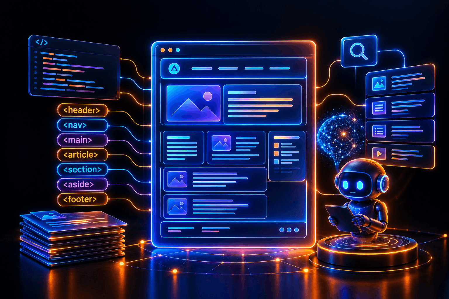 Seven HTML semantic tags labeling regions of a webpage mockup, with a robot on a pedestal reading the parsed structure
