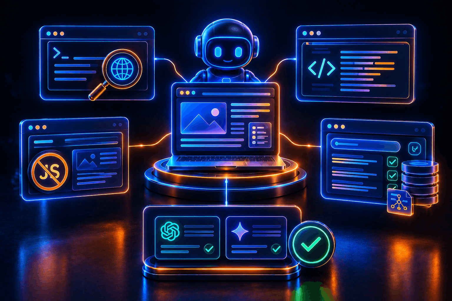 Robot behind a laptop connected to four test panels: curl terminal, JS-disabled check, schema validator, and AI platform checkmarks