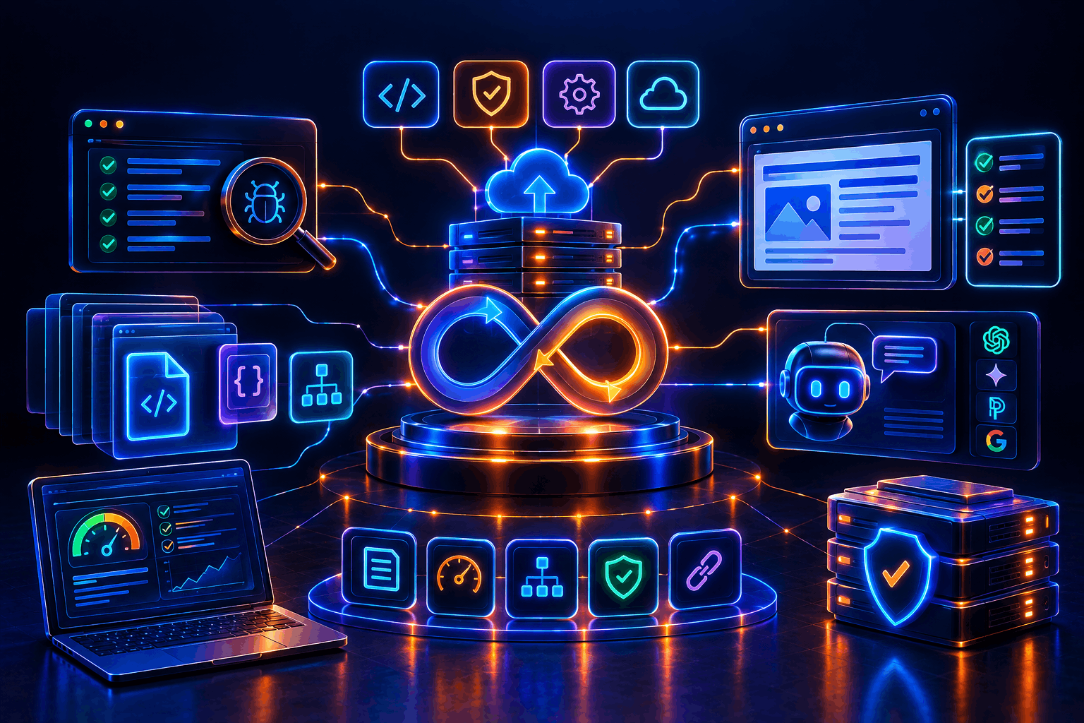 CI/CD infinity loop on a pedestal, surrounded by code panels, a checklist, server racks, a dashboard, and AI platform icons