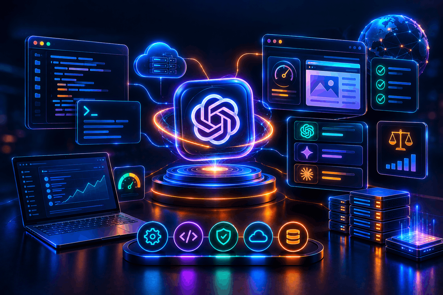 OpenAI logo glowing on a pedestal, surrounded by code panels, a speedometer dashboard, a scale/chart panel, and server racks