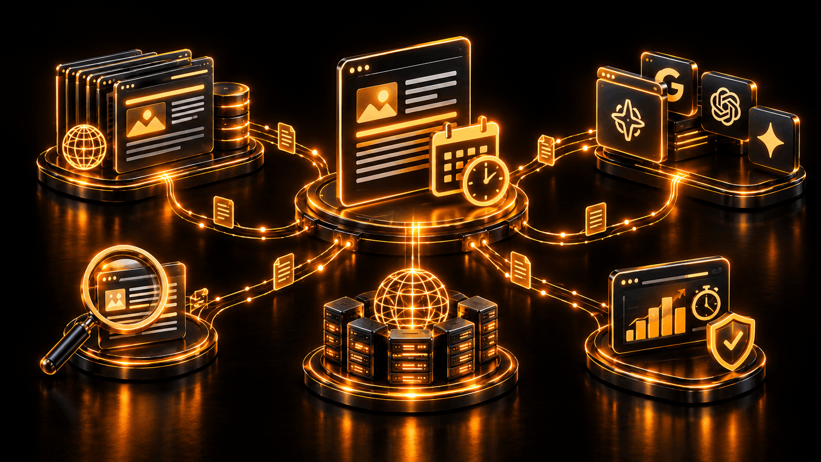 Central webpage with a calendar and clock icon, connected to a magnifying glass, server racks, and four AI platform logos