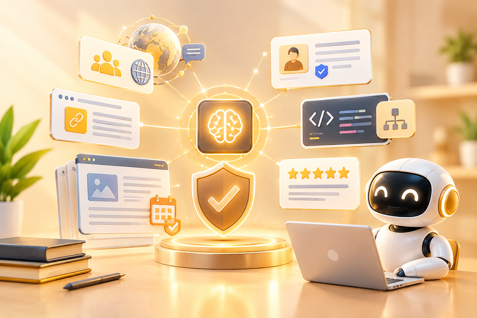 3D illustration of a robot at a laptop surrounded by icons for trust badges, verified author profiles, code, star ratings, and a shield checkmark, representing AI trust and E-E-A-T signals