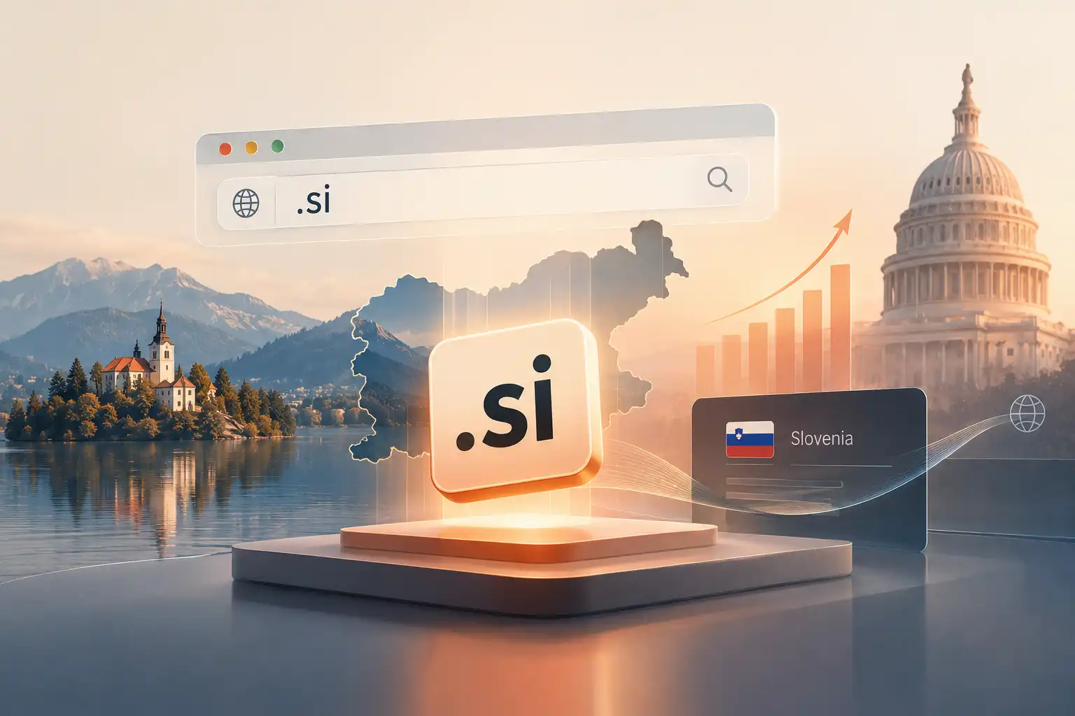 A glowing ".si" icon rises above Slovenia's Lake Bled, with a browser search bar reading ".si," a rising registration growth chart, a Slovenia flag card, and the U.S. Capitol in the background.