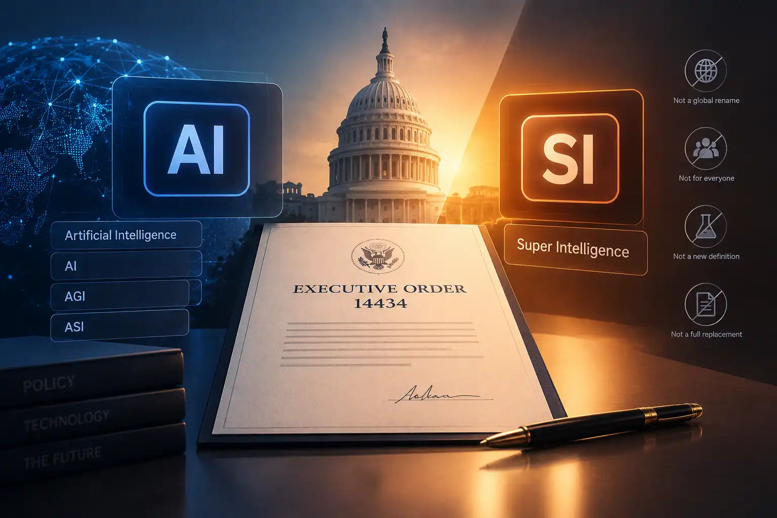 Executive Order 14434 signed document on a desk in front of the U.S. Capitol, with "AI" and "SI" labels on either side and icons noting it's not a global rename, not for everyone, not a new definition, and not a full replacement.