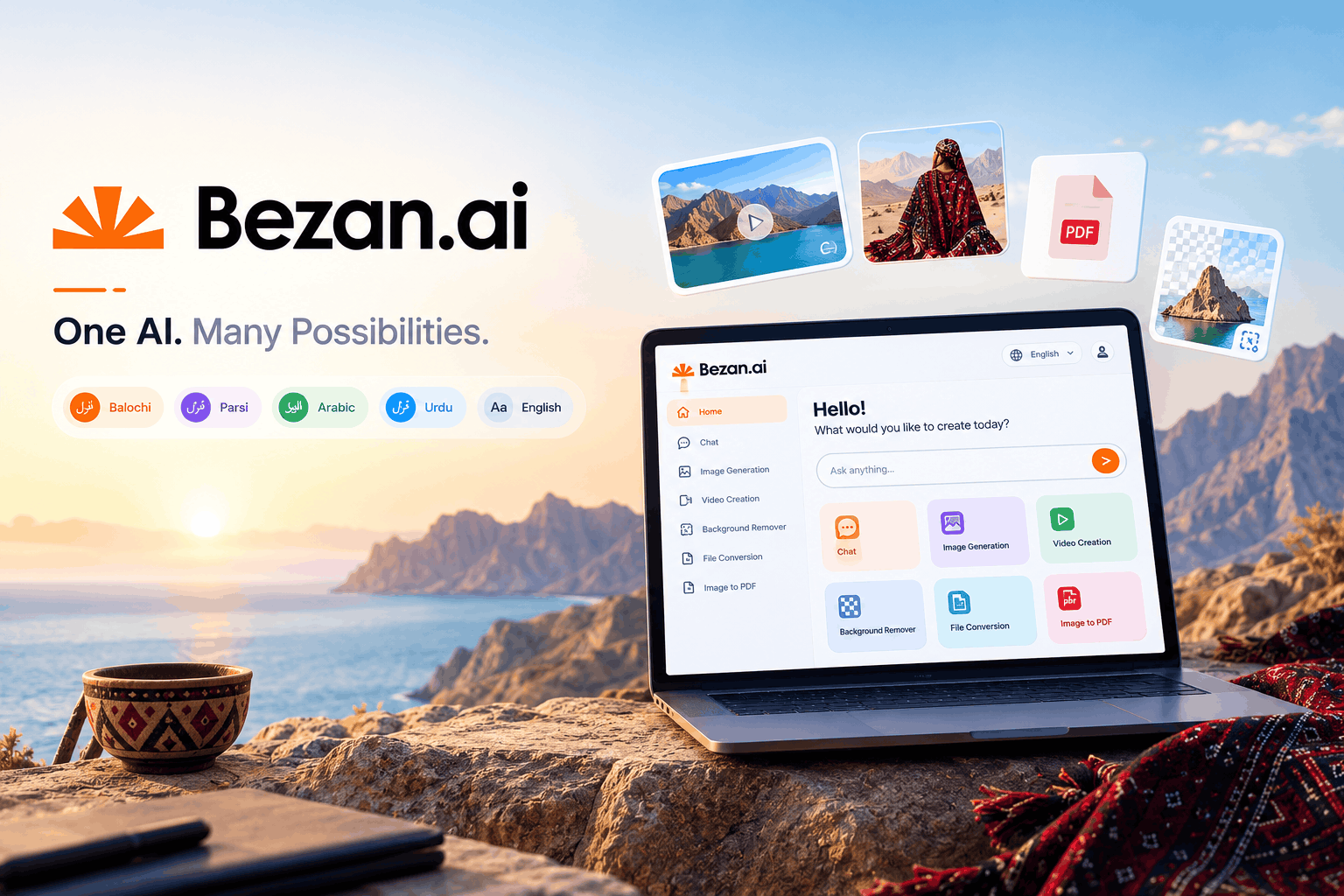 Bezan AI multilingual AI platform by BalochDev featuring AI chat, image generation, video creation, and Balochi language support.