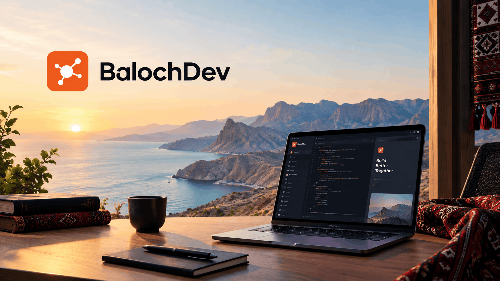 BalochDev software and AI studio workspace with a laptop displaying code, overlooking the Balochistan coastline at sunset.