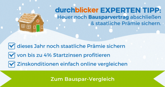 Die Grafik zeigt einen animierten Winterhintergrund mit Schneefall und einem kleinen illustrierten Haus mit Schnee auf dem Dach. Oben steht der Text "durchblicker EXPERTEN TIPP: Heuer noch Bausparvertrag abschließen & staatliche Prämie sichern". Darunter sind drei mit Häkchen versehene Punkte aufgelistet: "dieses Jahr noch staatliche Prämie sichern", "von bis zu 4% Startzinsen profitieren" und "Zinskonditionen einfach online vergleichen". Am unteren Rand befindet sich ein grüner Button mit der Aufschrift "Zum Bauspar-Vergleich".
