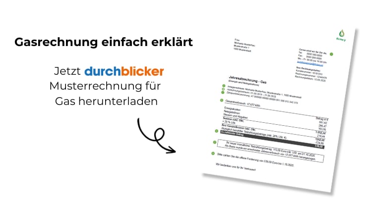Eine Illustration zeigt eine leicht schräg abgebildete Gasrechnung. Links daneben befinden sich Textelemente: "Gasrechnung einfach erklärt" in schwarzer Schrift und "Jetzt durchblicker Musterrechnung für Gas herunterladen" in schwarzer und farbiger Schrift, wobei "durchblicker" in blauer und oranger Schrift hervorgehoben ist. Darunter ist ein geschwungener Pfeil, der auf die Gasrechnung zeigt.