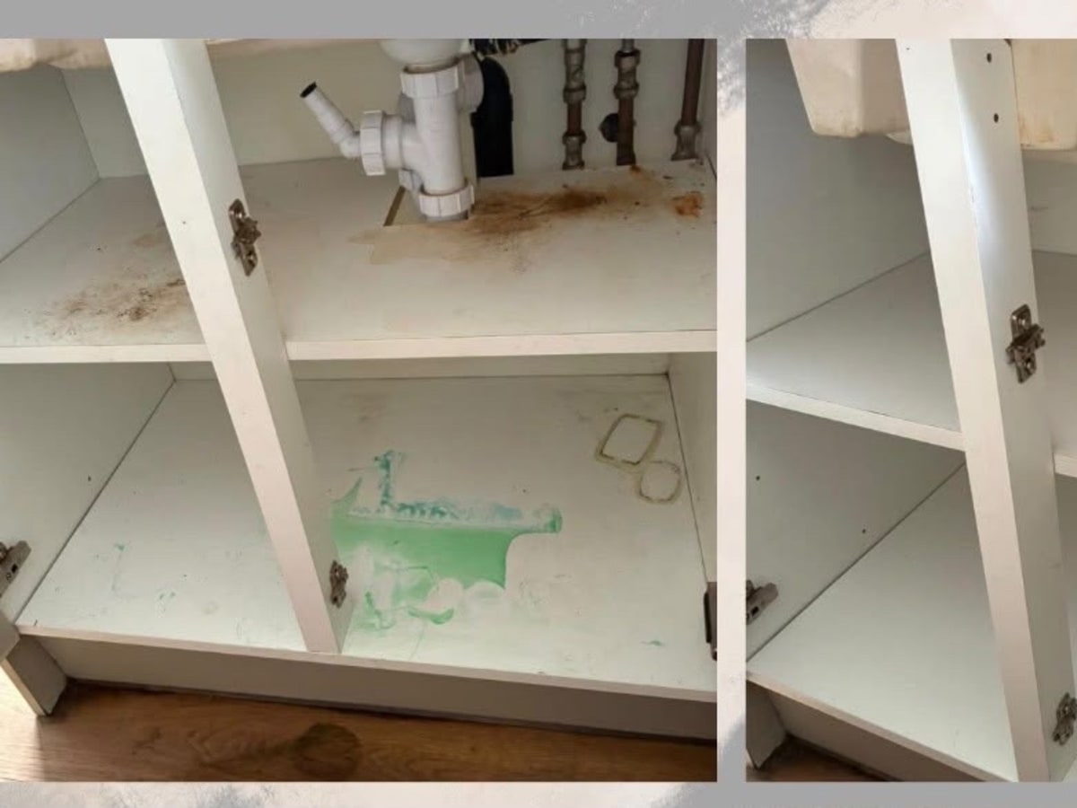 Before and after under-sink cabinet cleaning