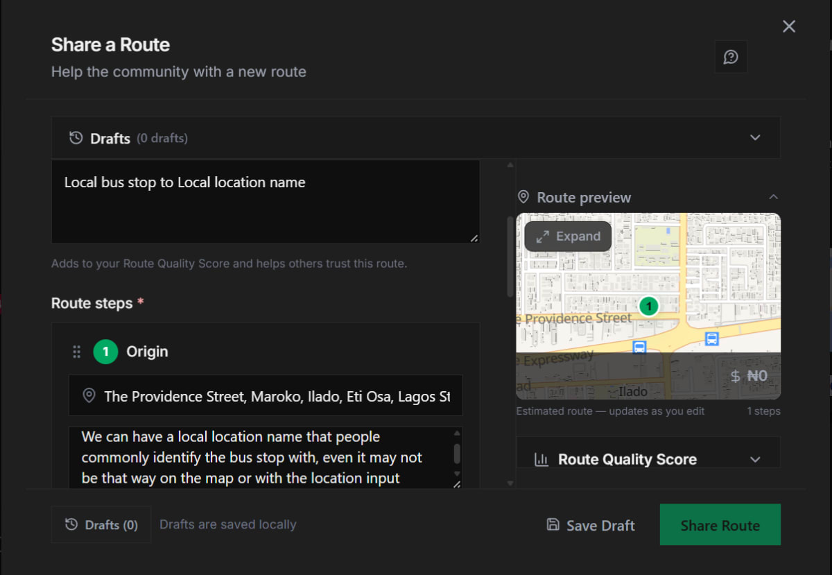 Screenshot of the share route modal with text describing the sharing of route with local names