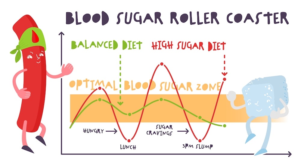 a graphic of a dancing blood cell and ice cube and a chart showing the blood sugar roller coaster