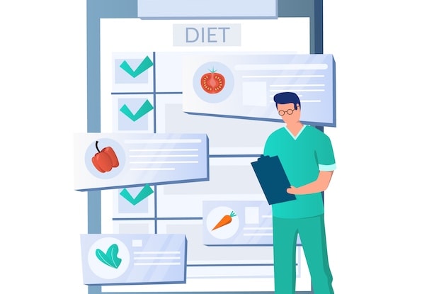 A graphic of a doctor standing in front of a large clipboard with the words, “diet programs” at the base.
