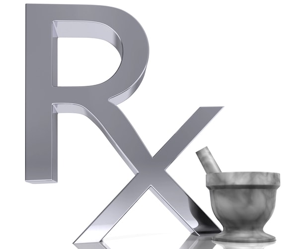 A silver icon of the “Rx” prescription symbol and a mortar and pestle.