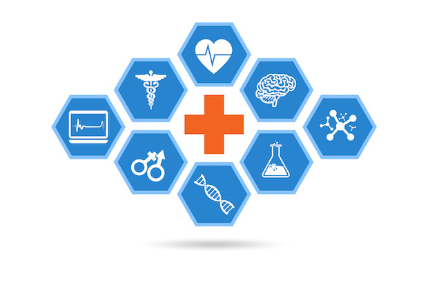 Eight hexagonal graphics representing medical assistance
