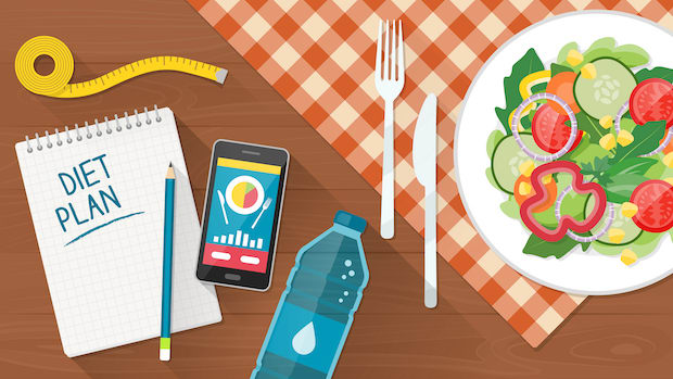 A graphic of a mobile phone, healthy food, a notebook, and utensils. 