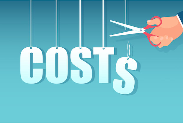 A graphic of letters dangling by strings that spell “costs” being cut with scissors.