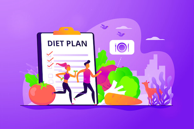 A graphic of a diet plan clipboard, people running, and other abstract environmental components. 