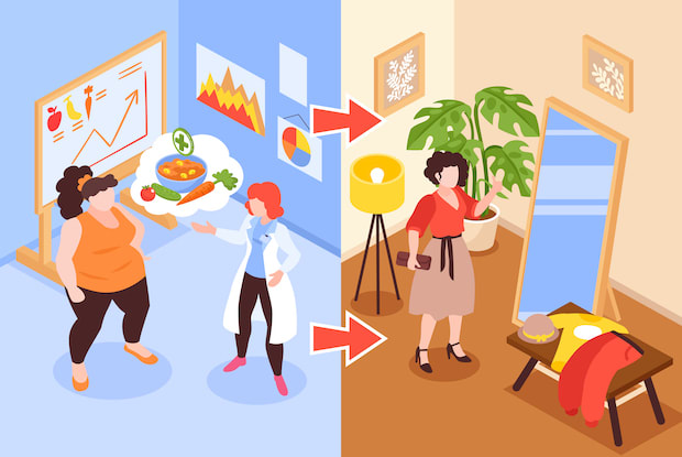 A graphic of a person conferring with a doctor and a second image of a person admiring their weight loss in a mirror. 