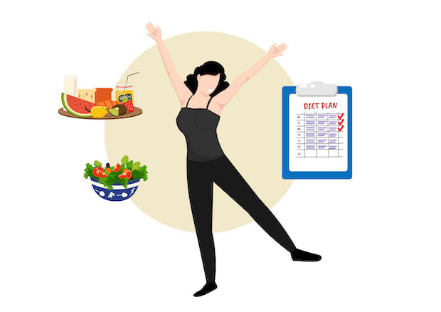 An animated graphic of a cheerful woman surrounded by aspects of a healthy diet. 