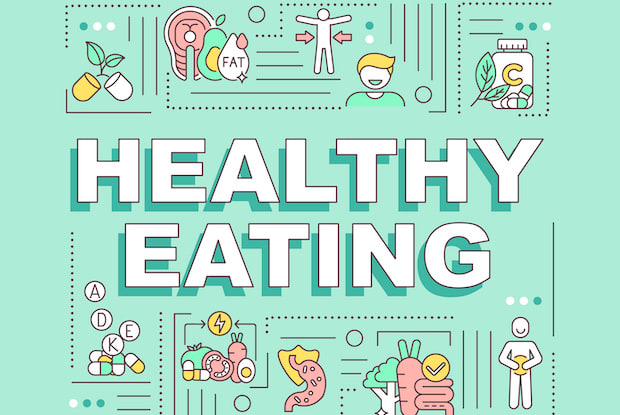 A graphic with the words “Healthy Eating” and related images on a green background. 