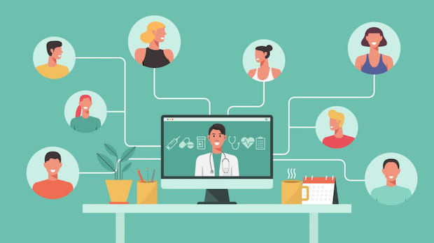 A graphic of a telemedicine doctor on a monitor and a web of his various clients.