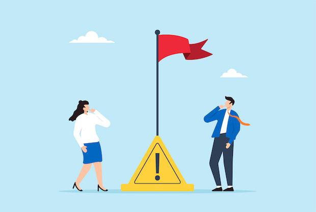 A graphic of two people cautiously standing at a red flag affixed to a yellow warning sign. 