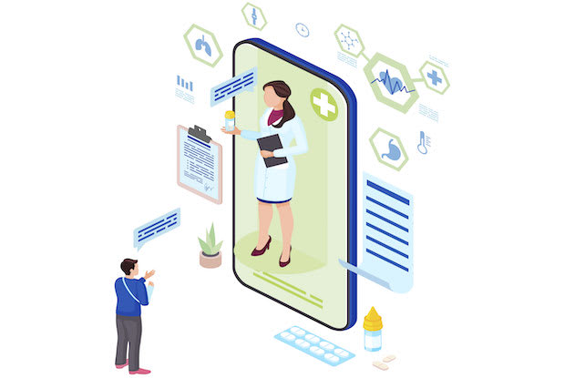 An abstract animated graphic of a doctor confirming with a telehealth patient on a big tablet.