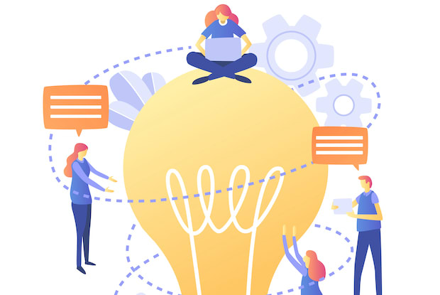 an clipart of several characters around a giant lightbulb