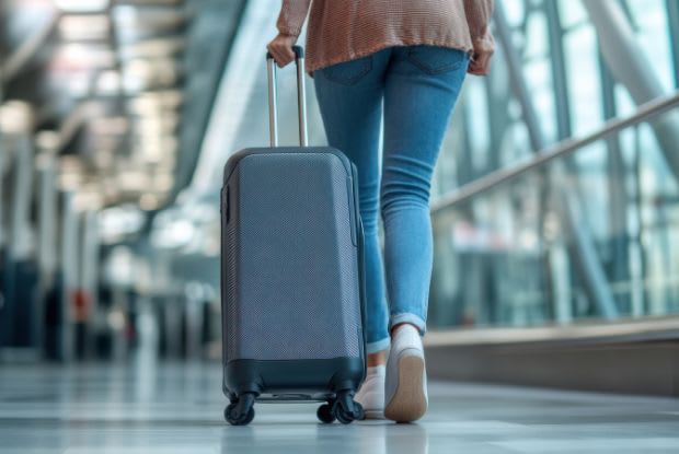 A woman rolling a suitcase in an airport