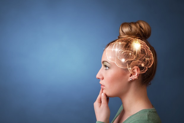 an illustration of the brain overlaid on a photograph of a pondering woman