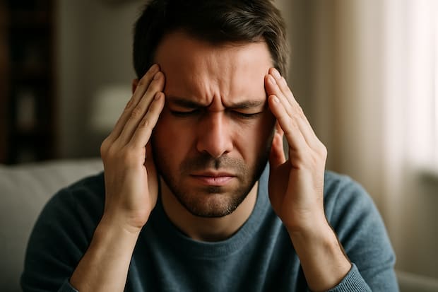 a man experiencing a traumatizing headache due to the side effects of escitalopram