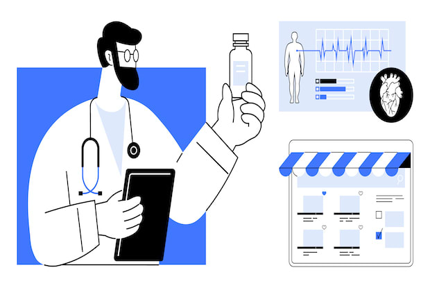 A doctor analyzing weight loss medicine and graphics about weight loss. 